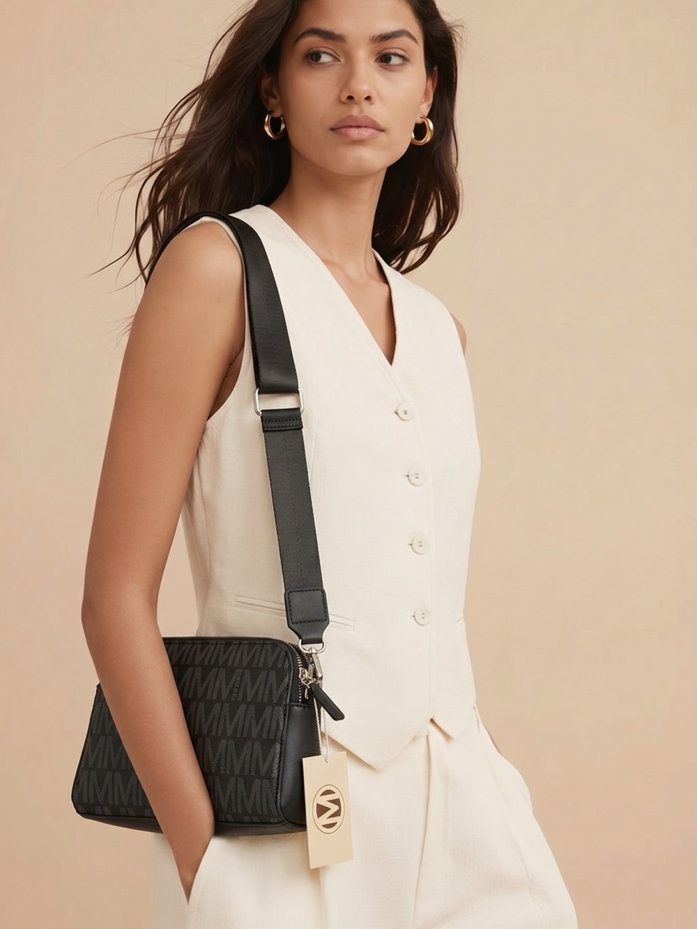 Monogrammed Brown Crossbody Bag with Wide Adjustable Strap